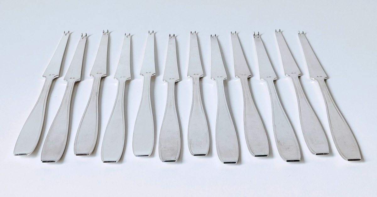 Twelve Art Deco Lobster Pickets In Solid Silver, Wolfers Jade Pattern -photo-4