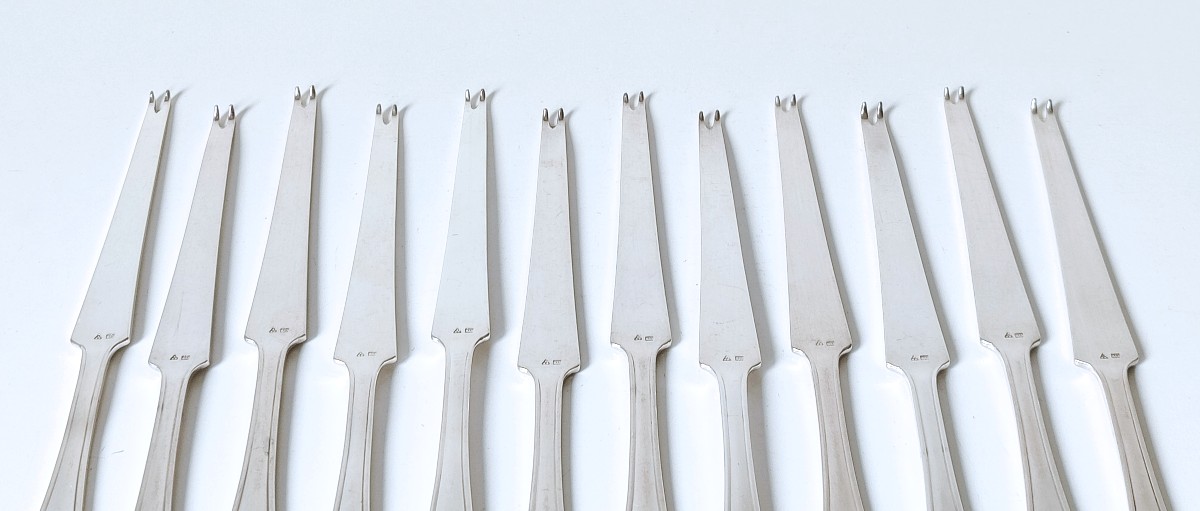 Twelve Art Deco Lobster Pickets In Solid Silver, Wolfers Jade Pattern -photo-1