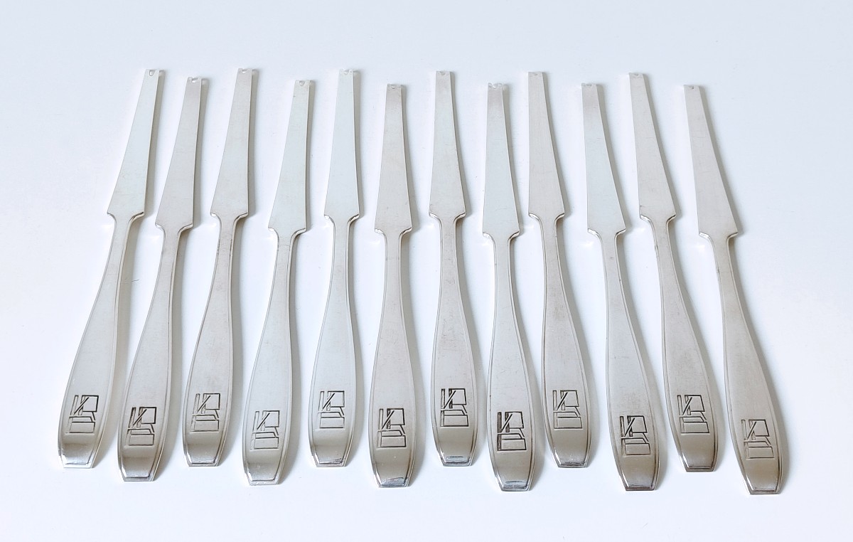 Twelve Art Deco Lobster Pickets In Solid Silver, Wolfers Jade Pattern -photo-2