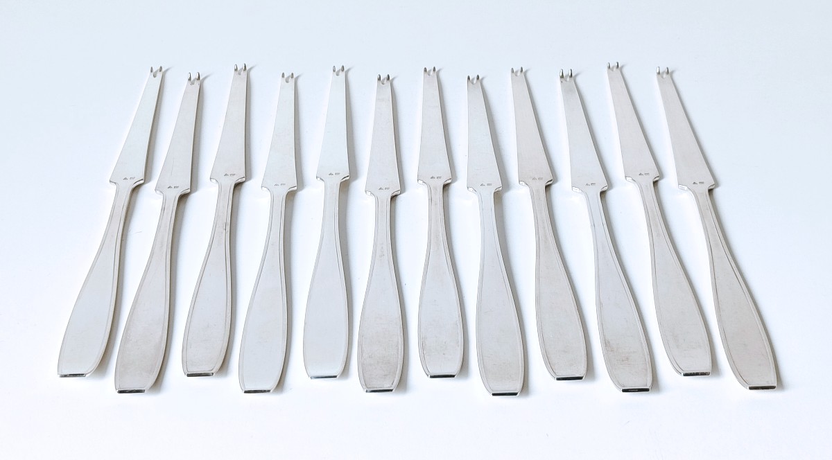 Twelve Art Deco Lobster Pickets In Solid Silver, Wolfers Jade Pattern 