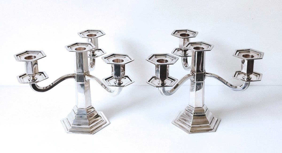 Une paire de candélabres art deco en argent massif Wolfers 