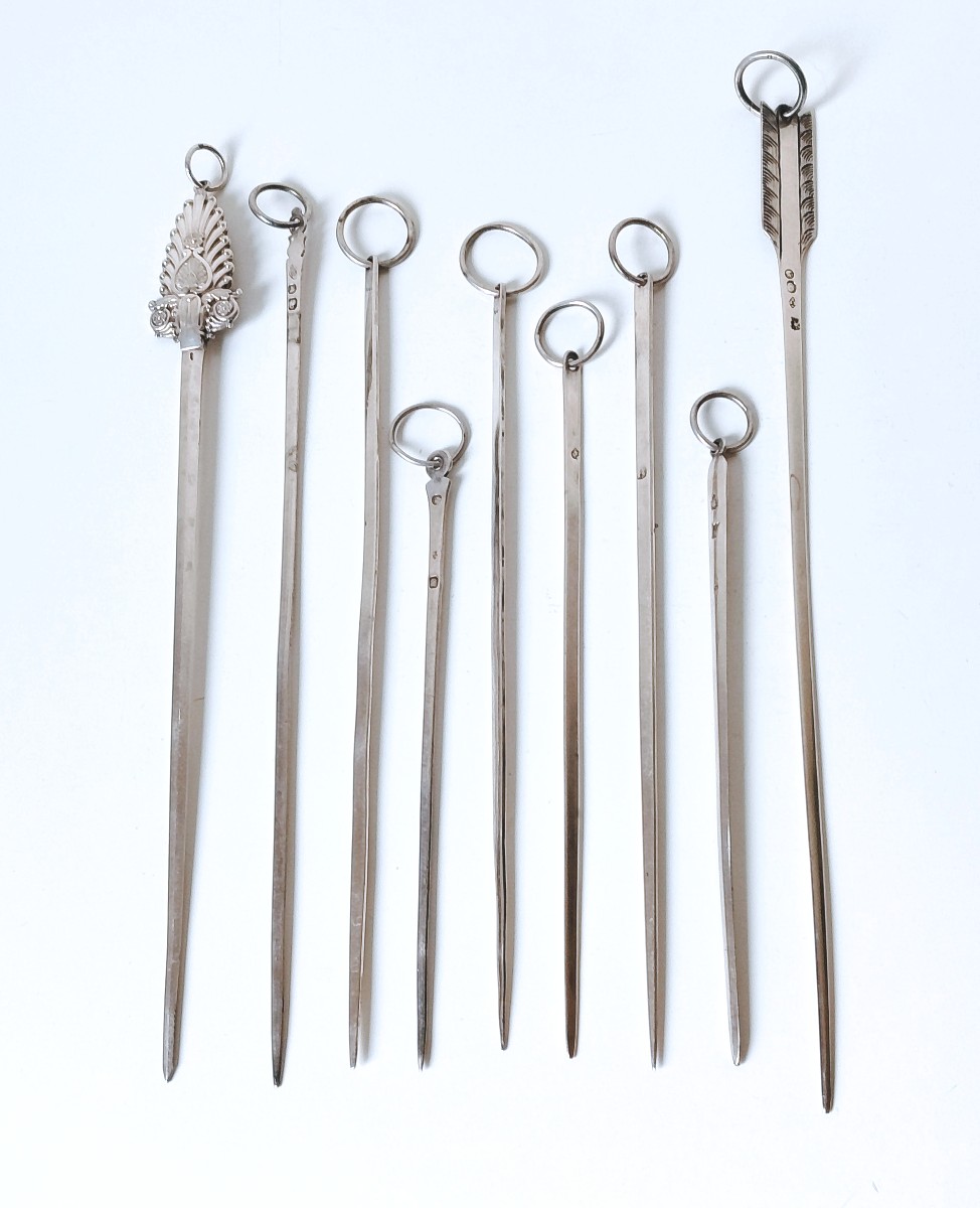 Neuf hâtelets, piques à brochettes en argent massif 18ème, empire -photo-2