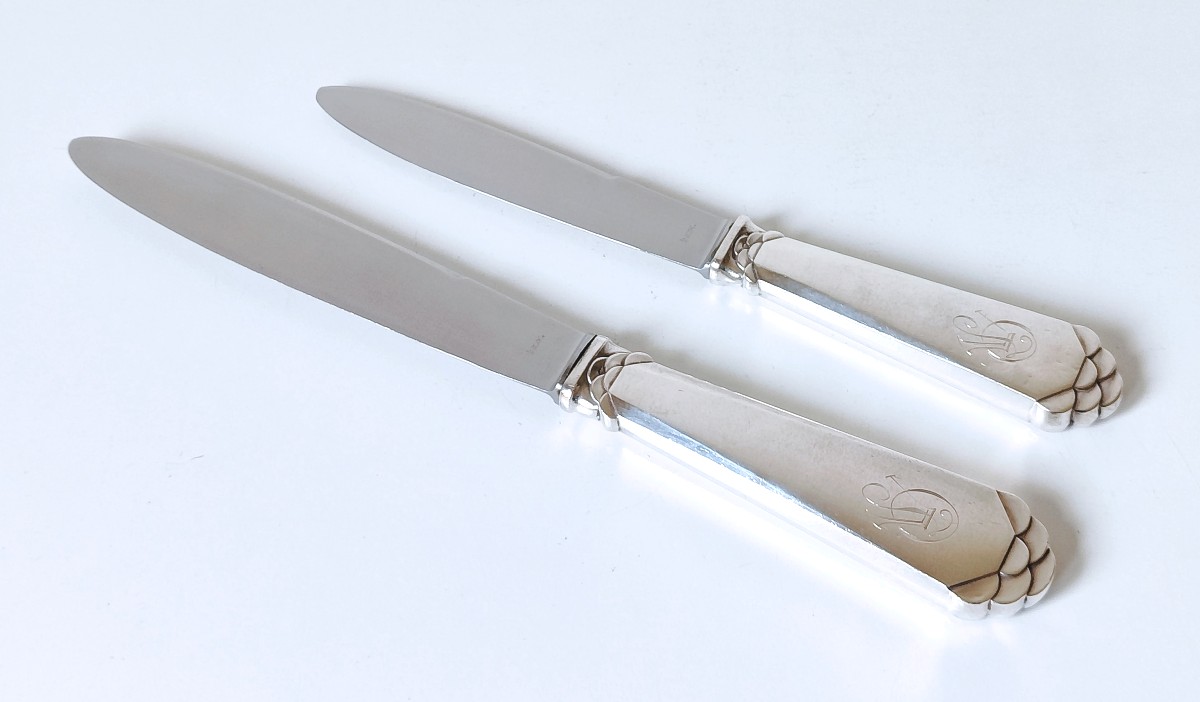 Twelve Art Deco Table Knives And Twelve Dessert Knives In Solid Silver Delheid Nr. 40 Model -photo-2