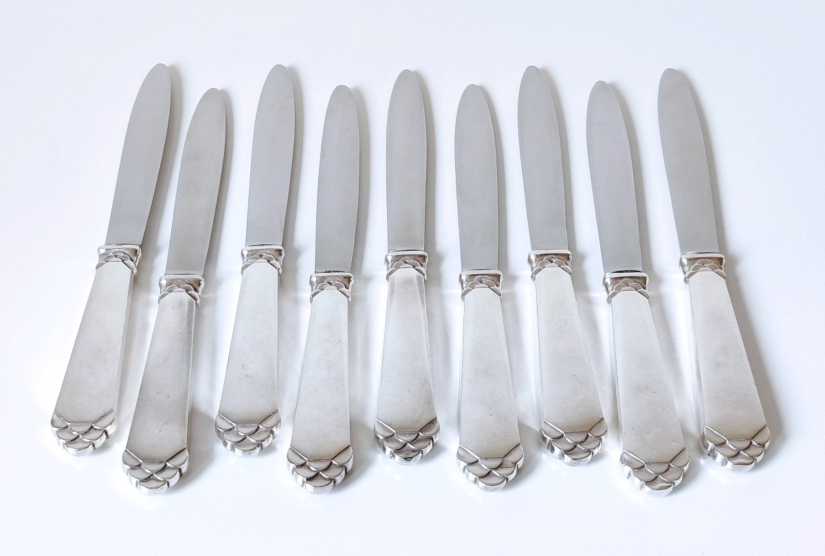 Twelve Art Deco Table Knives And Twelve Dessert Knives In Solid Silver Delheid Nr. 40 Model -photo-3