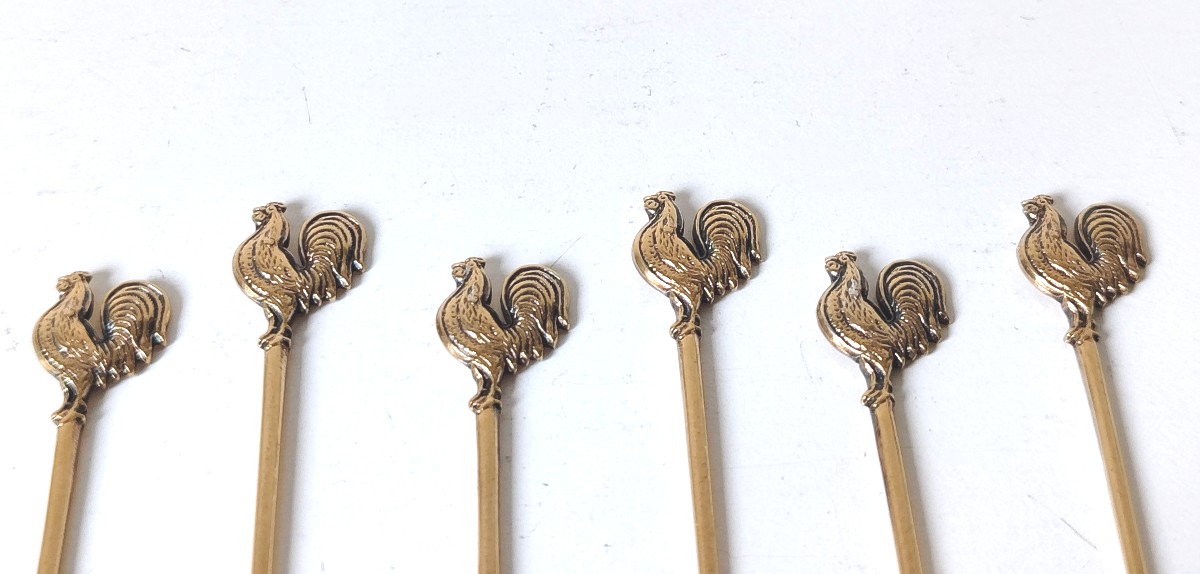 Six bâtonnets de cocktail décoré de coqs en argent massif vermeil -photo-4
