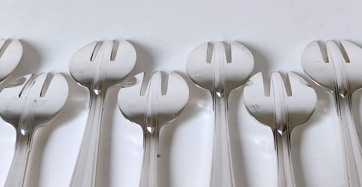 Twelve Christofle Art Deco Oyster Forks In Solid Silver -photo-2