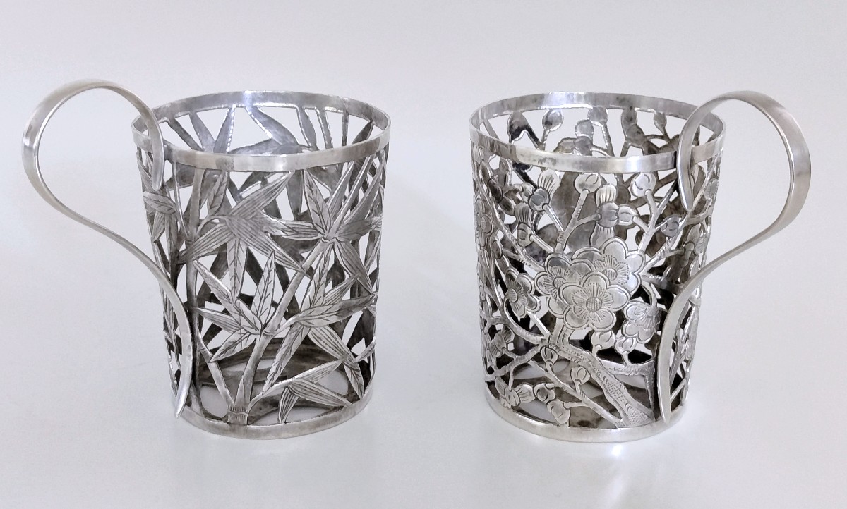 Deux supports de verre en argent massif chinois-photo-2