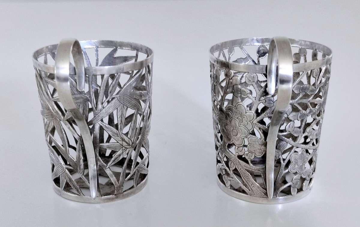 Deux supports de verre en argent massif chinois-photo-3