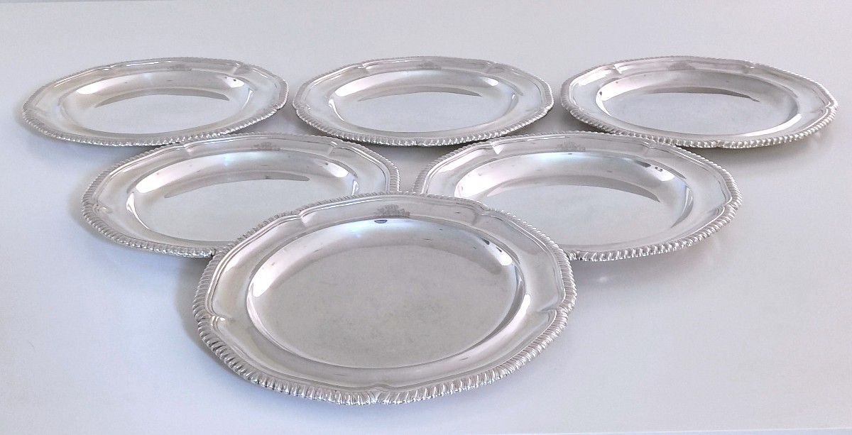 Six assiettes en argent massif avec les armoiries du Grand-Duché Mecklenbourg-Schwerin -photo-2