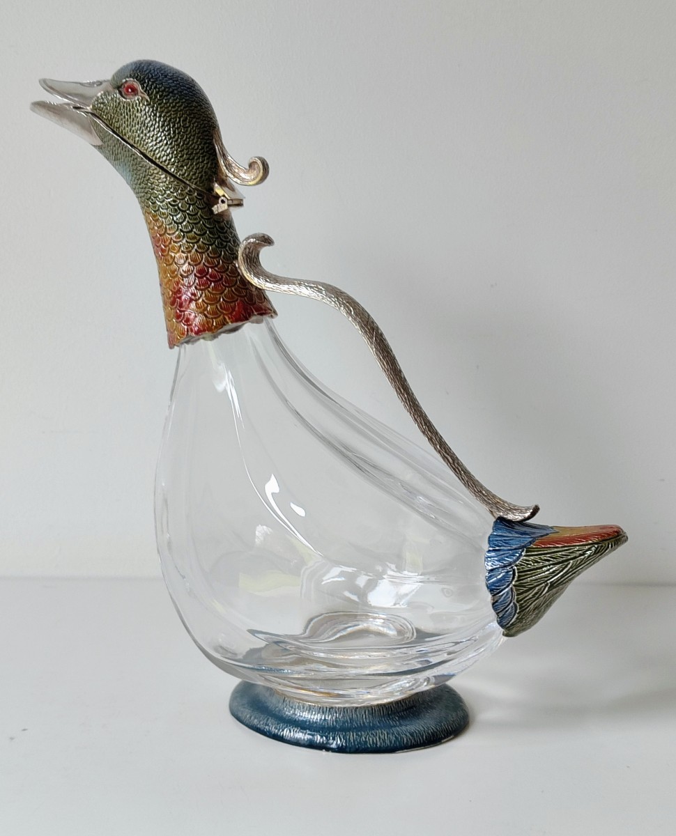 Aiguière en forme de canard  en verre et argent massif emaillée -photo-2