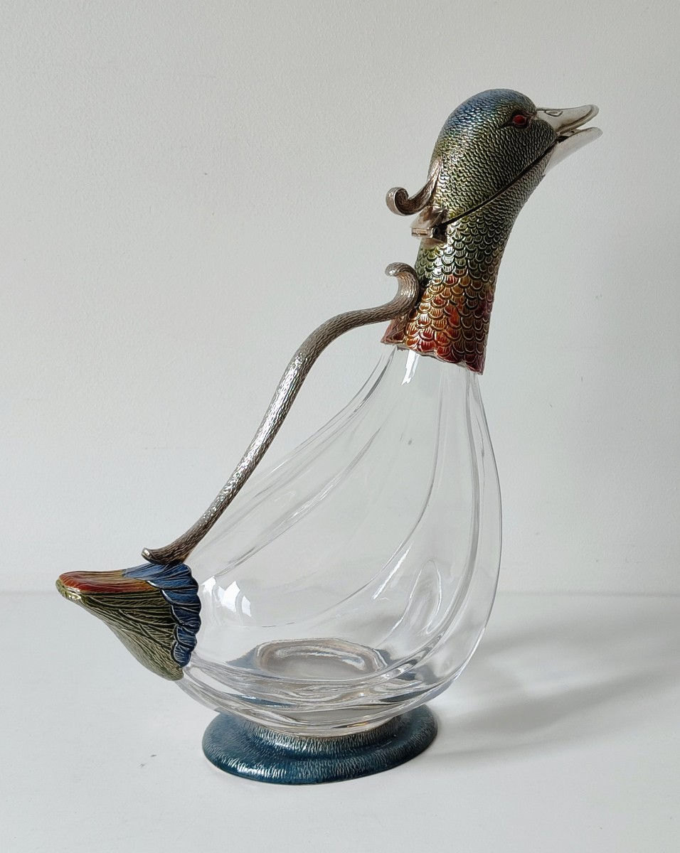 Aiguière en forme de canard  en verre et argent massif emaillée -photo-3