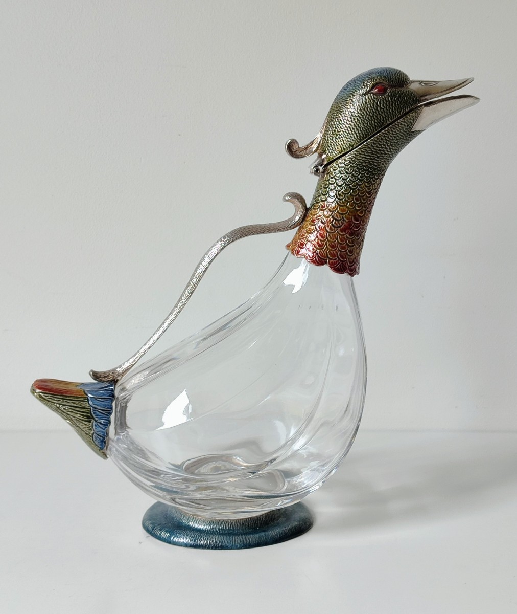 Aiguière en forme de canard  en verre et argent massif emaillée -photo-4