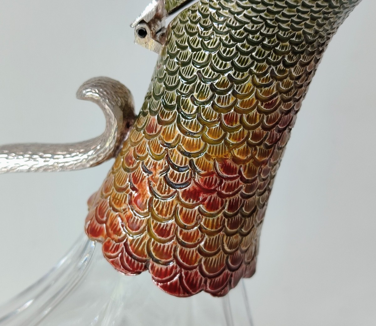 Aiguière en forme de canard  en verre et argent massif emaillée -photo-2