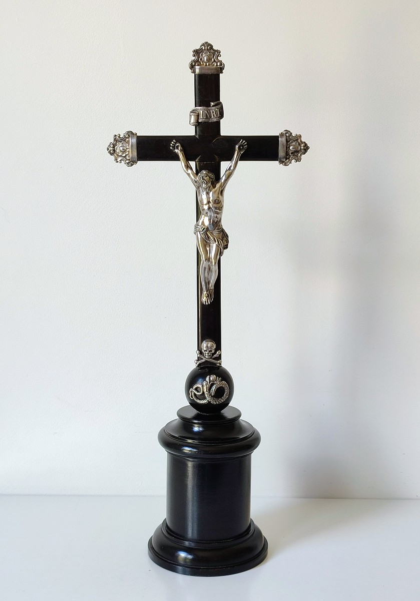 Crucifix In Solid Silver And Wood Ghent 1840-photo-2