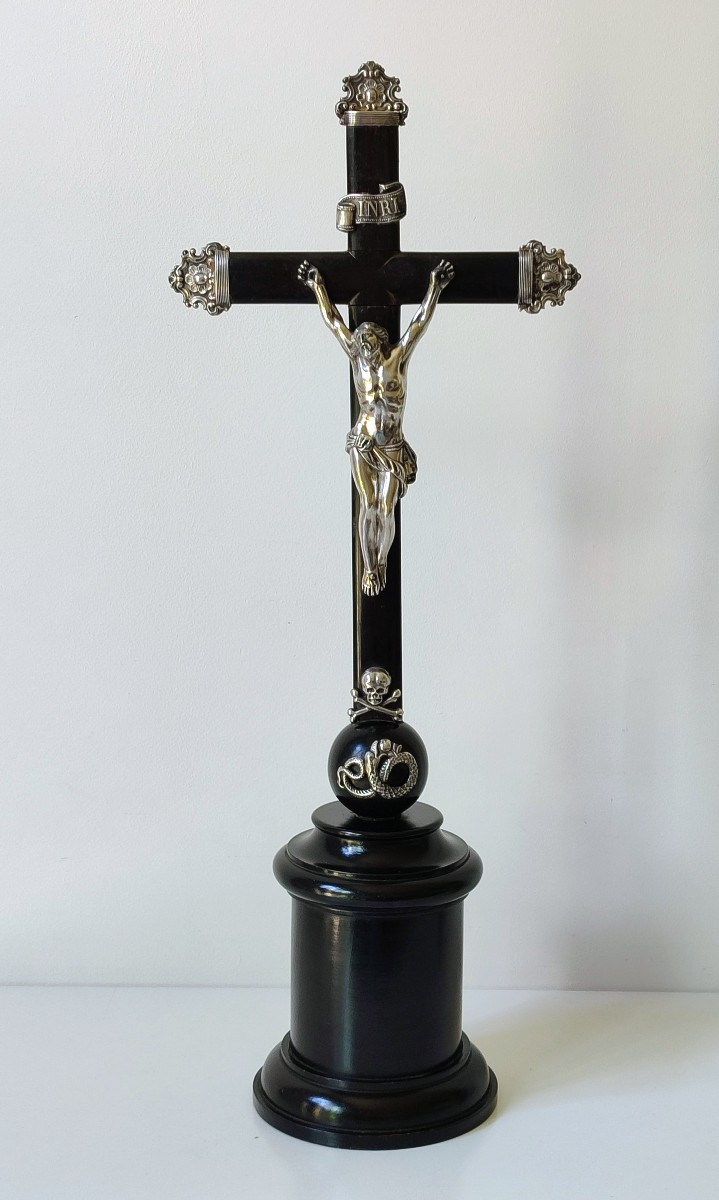 Crucifix In Solid Silver And Wood Ghent 1840