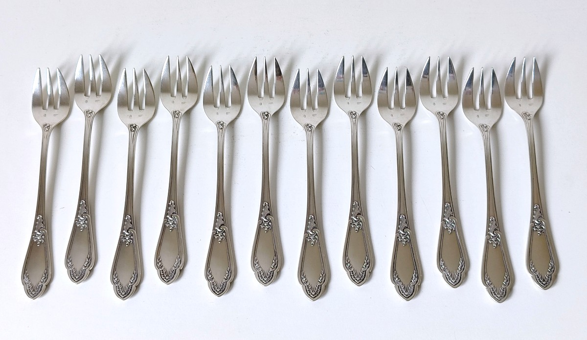 Twelve Oyster Forks In Sterling Silver-photo-4