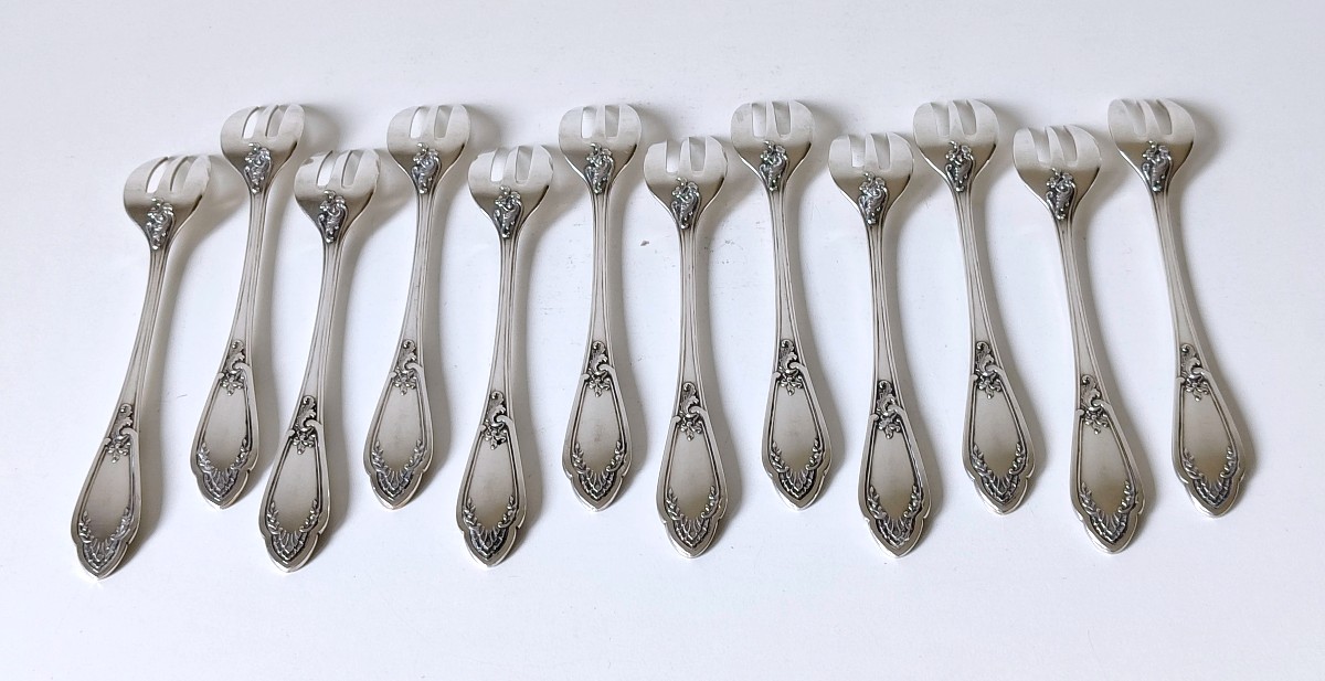 Twelve Oyster Forks In Sterling Silver-photo-2