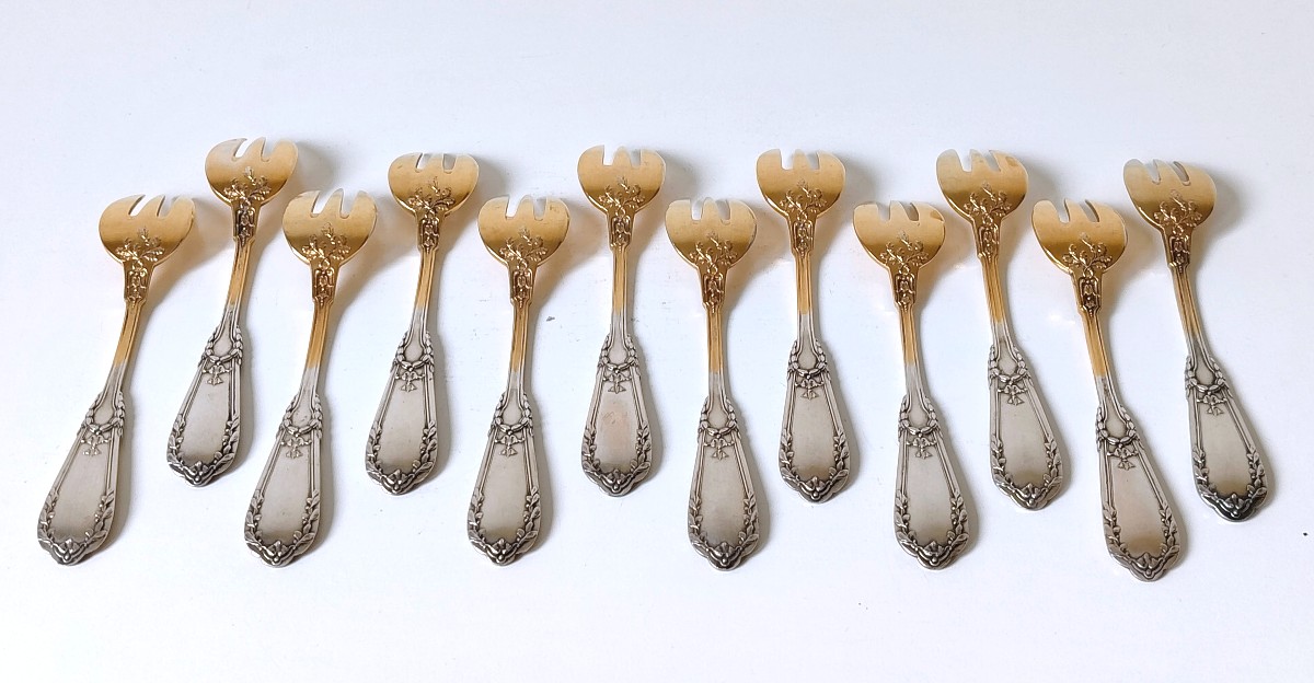 Twelve Oyster Forks In Sterling Silver-photo-1