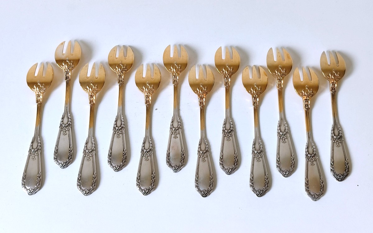 Twelve Oyster Forks In Sterling Silver-photo-2