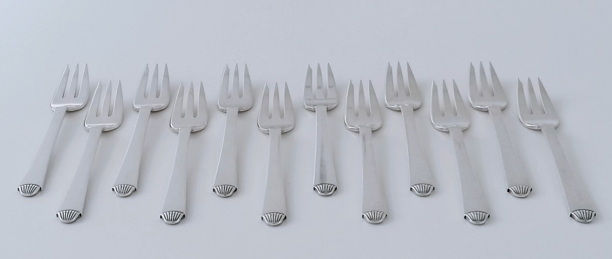 Douze fourchettes à gâteau en argent massif Hans Hansen modèle Vendome -photo-4
