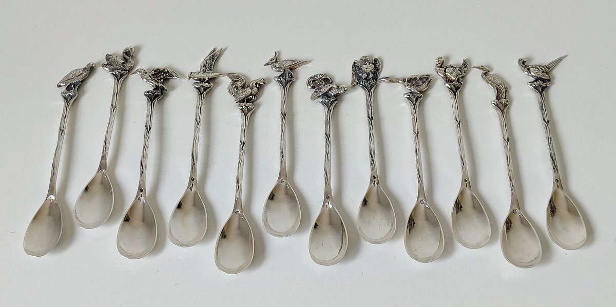 Twelve Solid Silver Tea, Coffee Spoons Decorated With Birds -photo-3