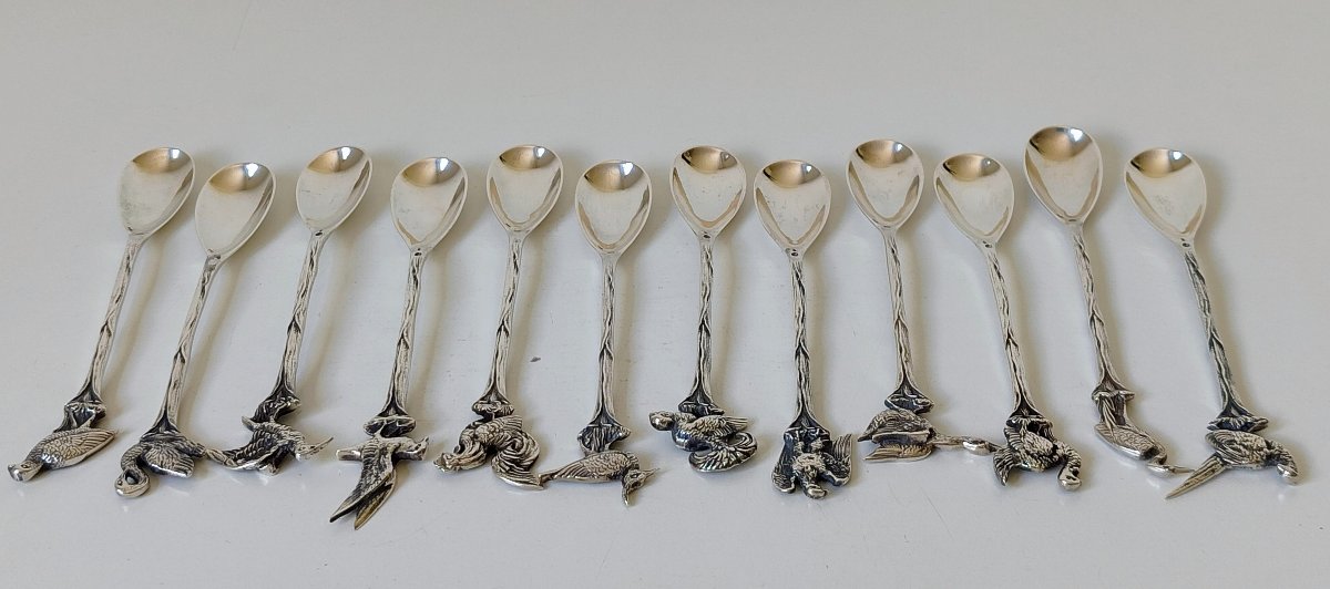 Twelve Solid Silver Tea, Coffee Spoons Decorated With Birds -photo-2
