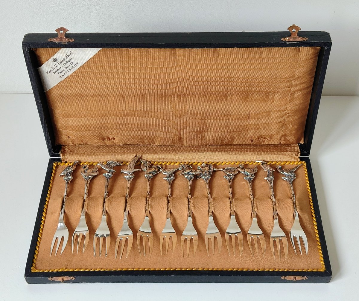 Twelve Solid Silver Pie Forks Decorated With Birds -photo-2