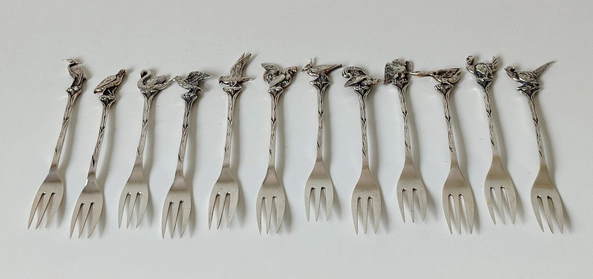 Twelve Solid Silver Pie Forks Decorated With Birds -photo-3