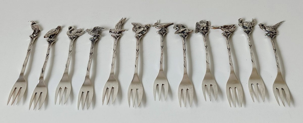Twelve Solid Silver Pie Forks Decorated With Birds -photo-4
