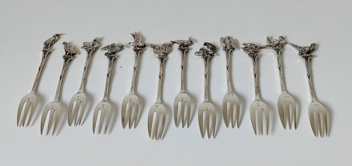 Twelve Solid Silver Pie Forks Decorated With Birds -photo-1