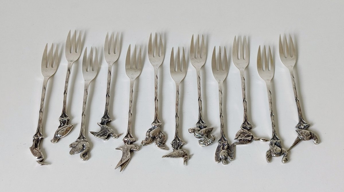 Twelve Solid Silver Pie Forks Decorated With Birds -photo-2