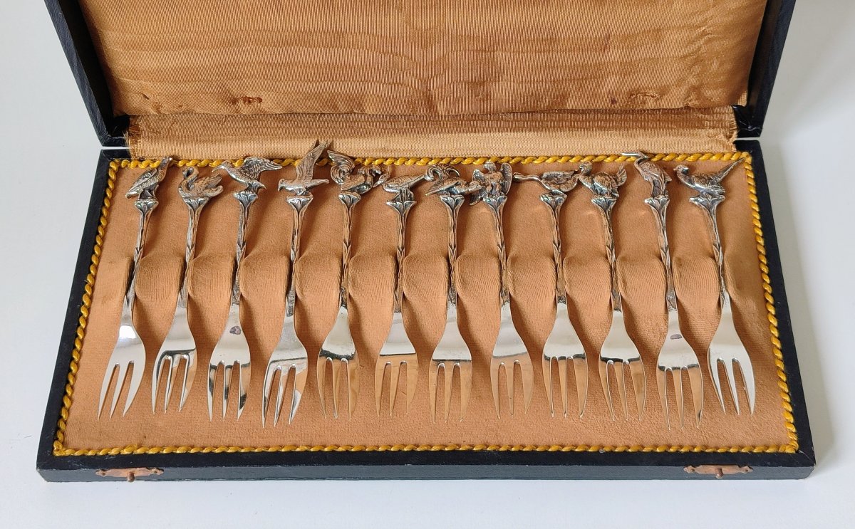 Twelve Solid Silver Pie Forks Decorated With Birds 