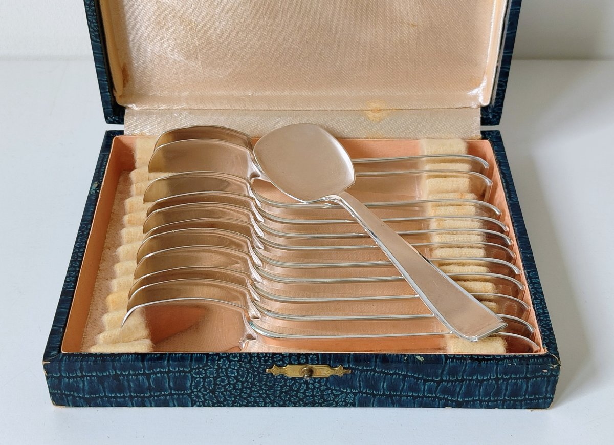 Twelve Art Deco Solid Silver Ice Cream Spoons By Wolfers, Mona Lisa Model-photo-2
