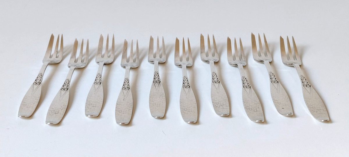 Ten Solid Silver Cake Forks -photo-2