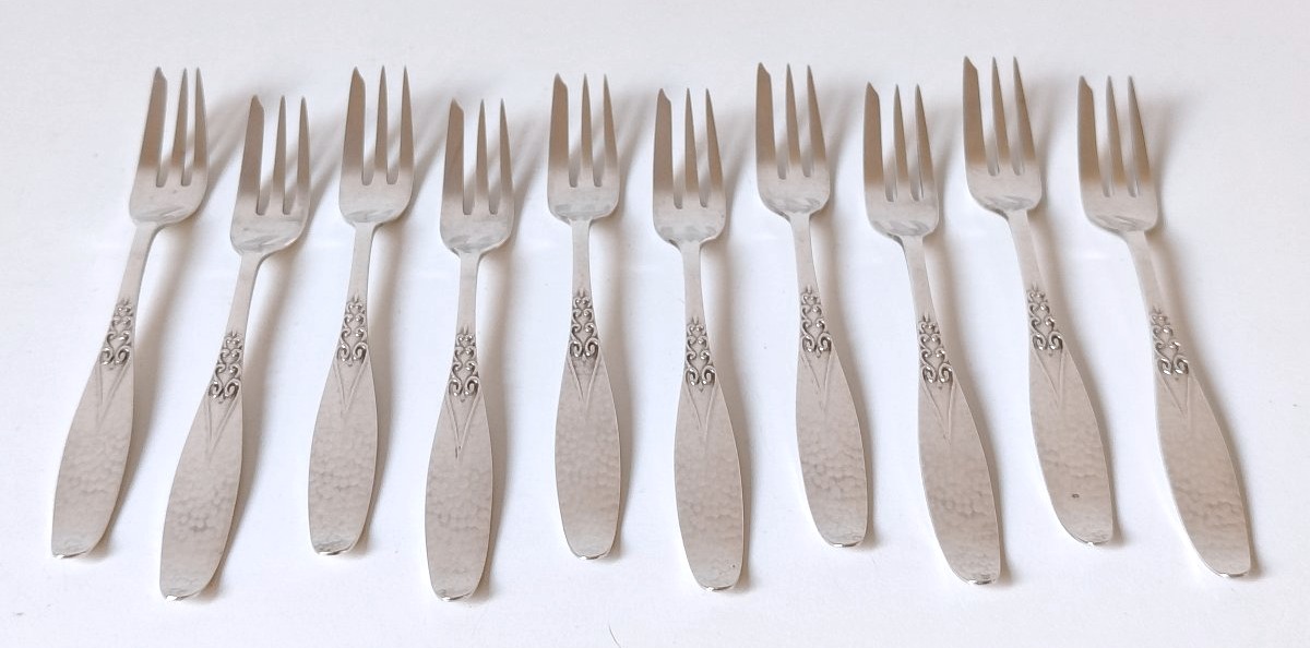 Ten Solid Silver Cake Forks 