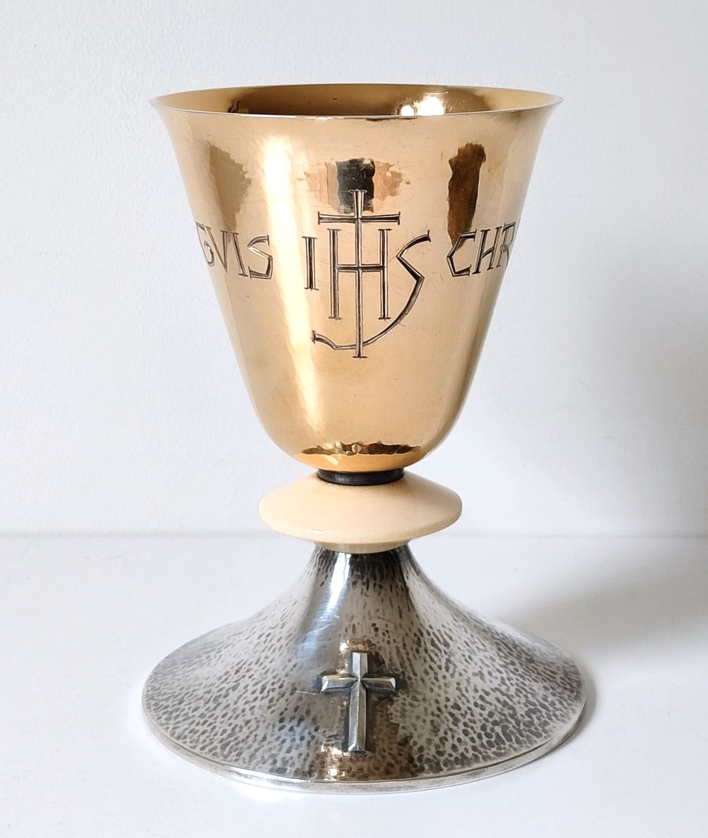Calice avec sa patène et cuillère art deco en argent massif martelé et ivoire -photo-2