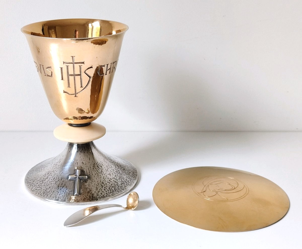 Calice avec sa patène et cuillère art deco en argent massif martelé et ivoire -photo-3