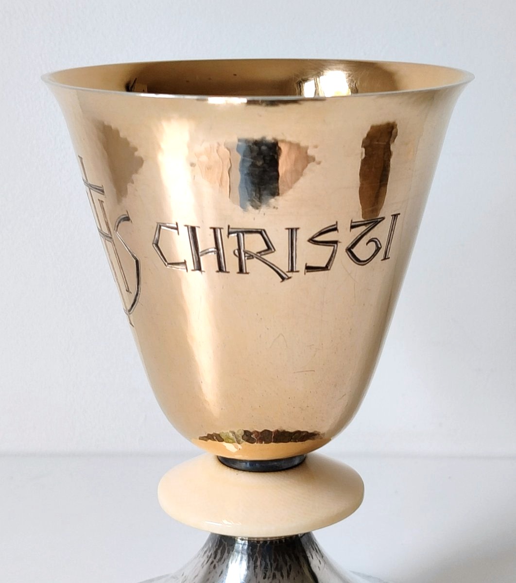 Calice avec sa patène et cuillère art deco en argent massif martelé et ivoire -photo-3