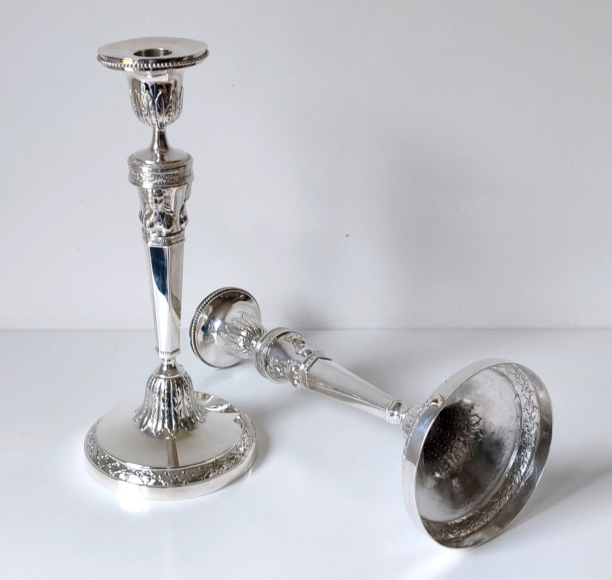 A Pair Of Empire Solid Silver Candlesticks Liège Henri Joseph Lambermont -photo-1