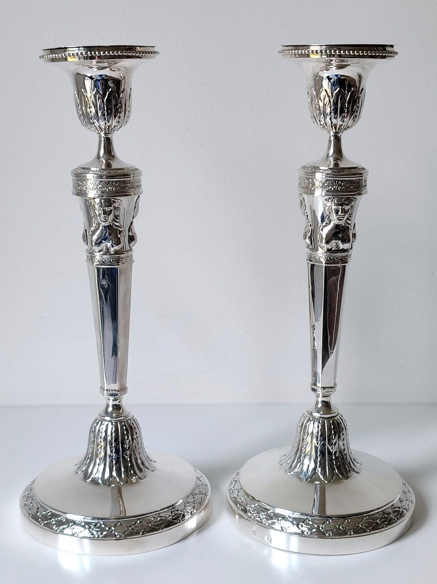 A Pair Of Empire Solid Silver Candlesticks Liège Henri Joseph Lambermont 