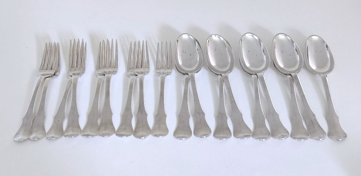 Neuf fourchettes et neuf cuillères de table en argent massif Mons 1785-photo-2