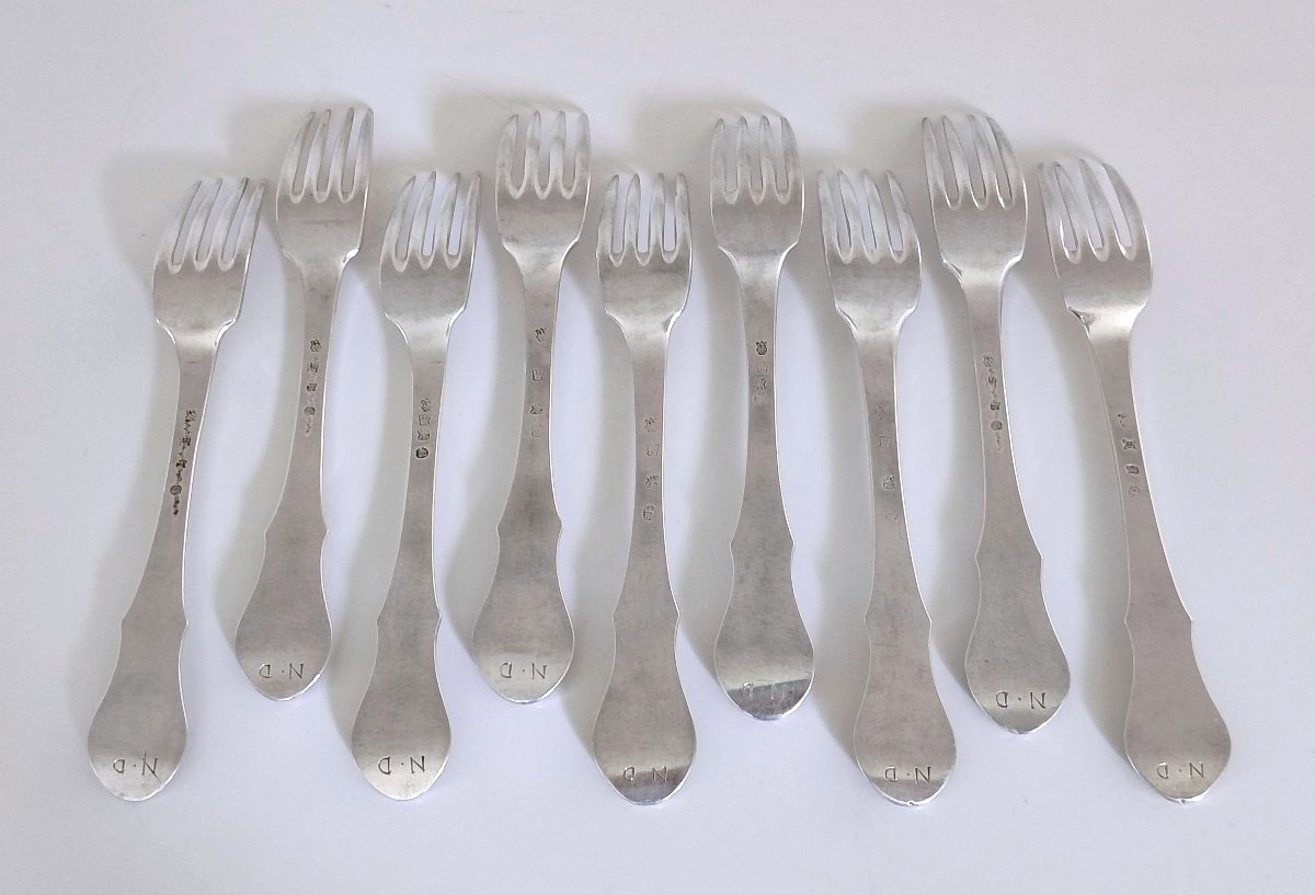 Neuf fourchettes et neuf cuillères de table en argent massif Mons 1785-photo-1