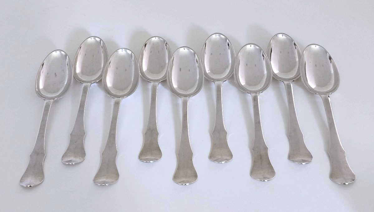 Neuf fourchettes et neuf cuillères de table en argent massif Mons 1785-photo-2