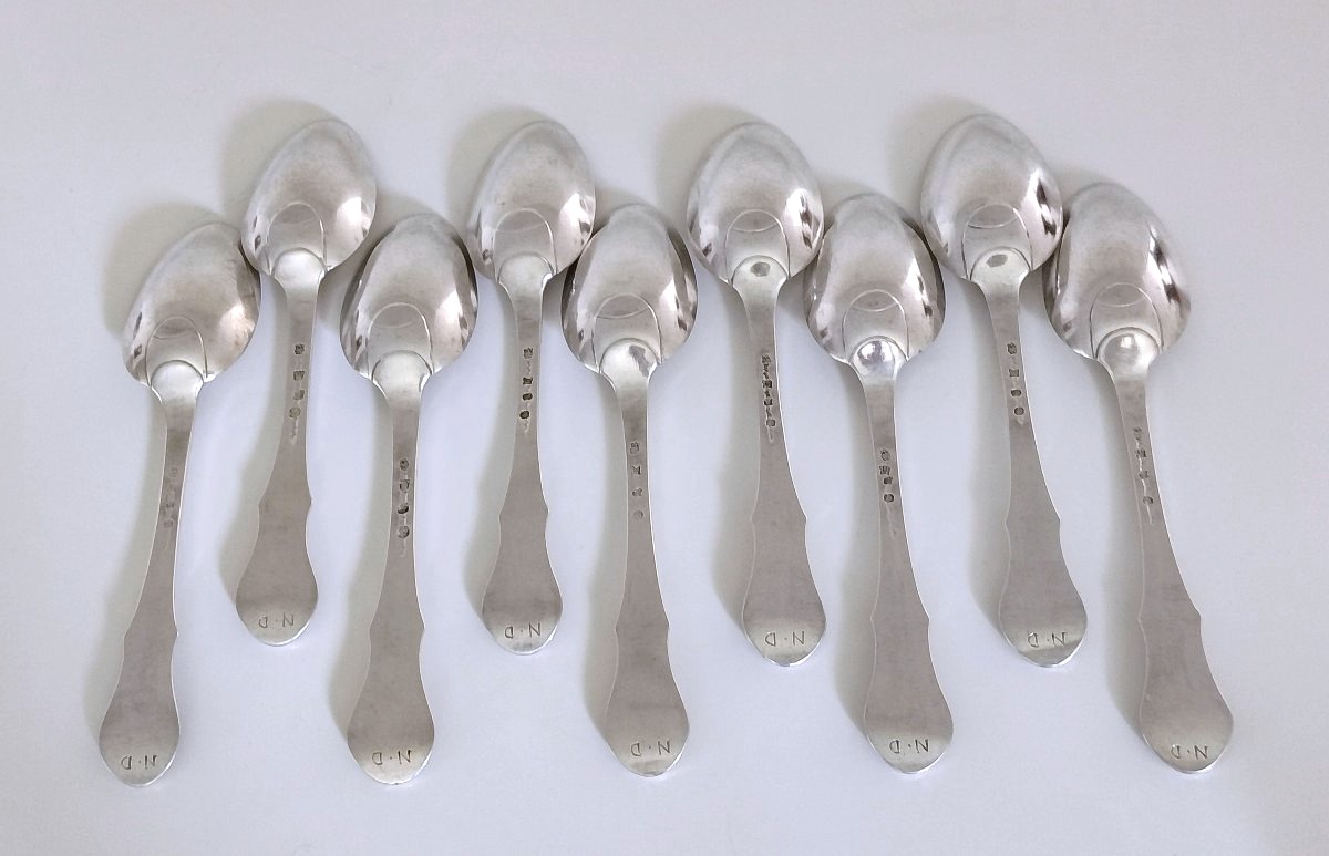 Neuf fourchettes et neuf cuillères de table en argent massif Mons 1785-photo-3