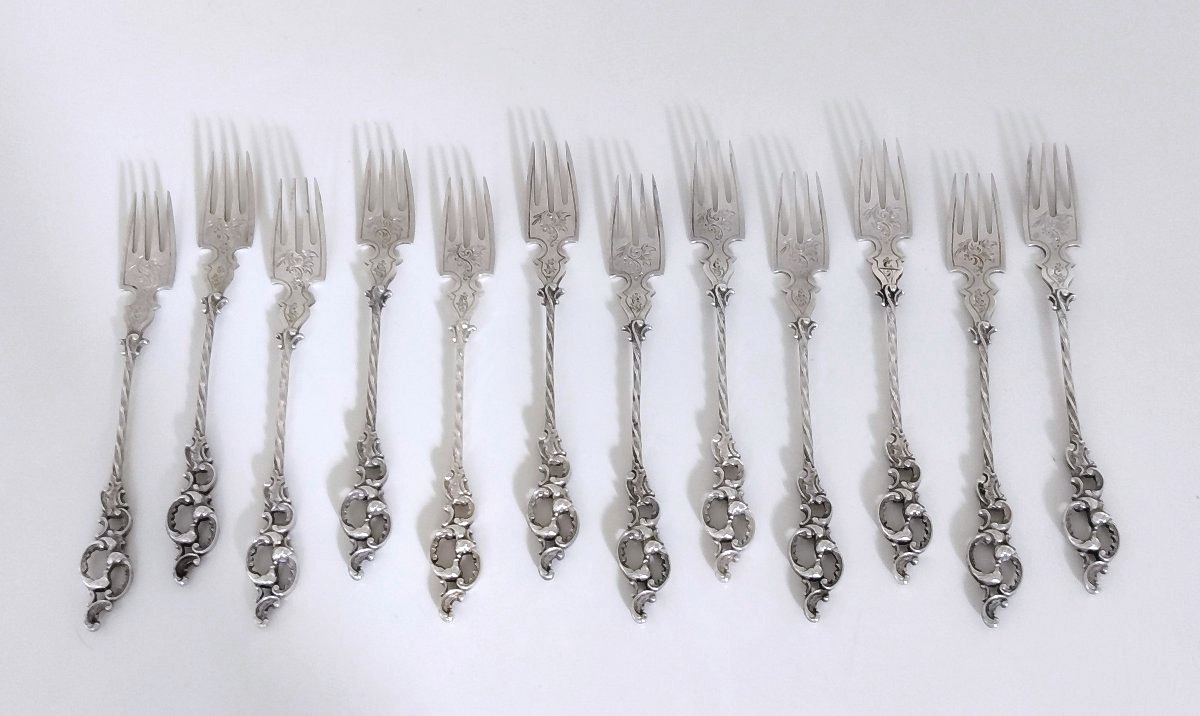 Twelve Solid Silver Cake Forks -photo-3