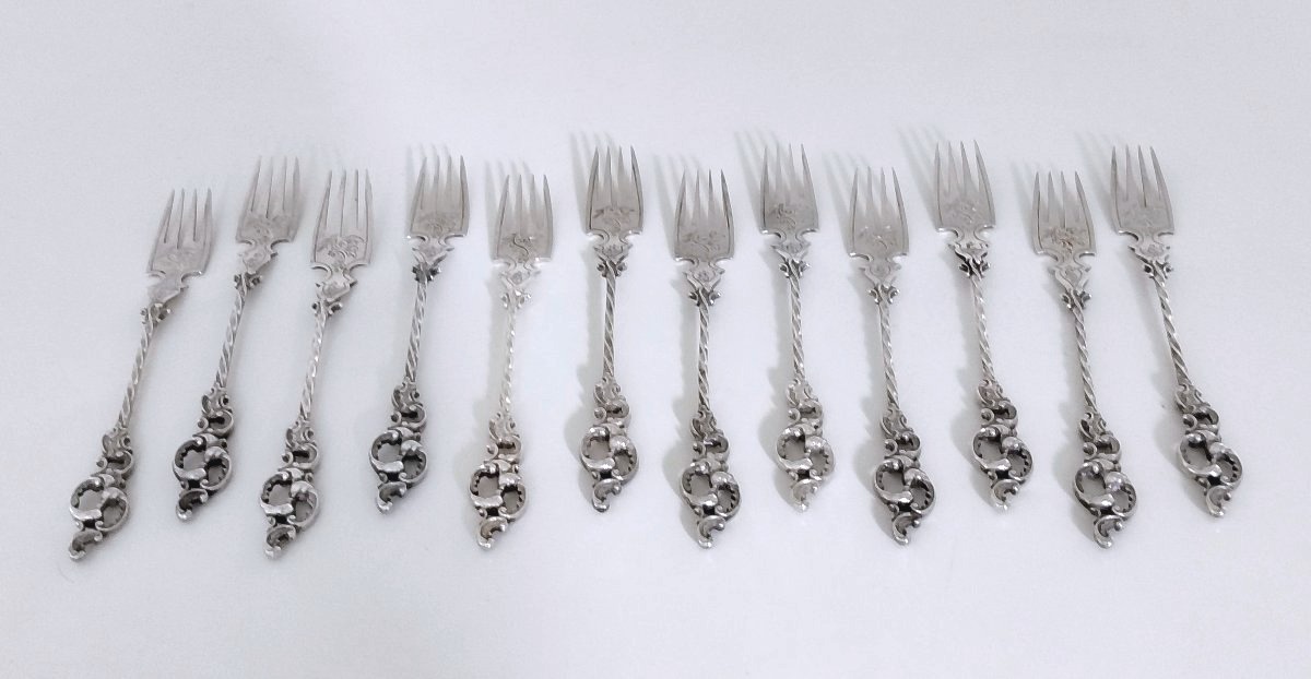 Twelve Solid Silver Cake Forks -photo-4