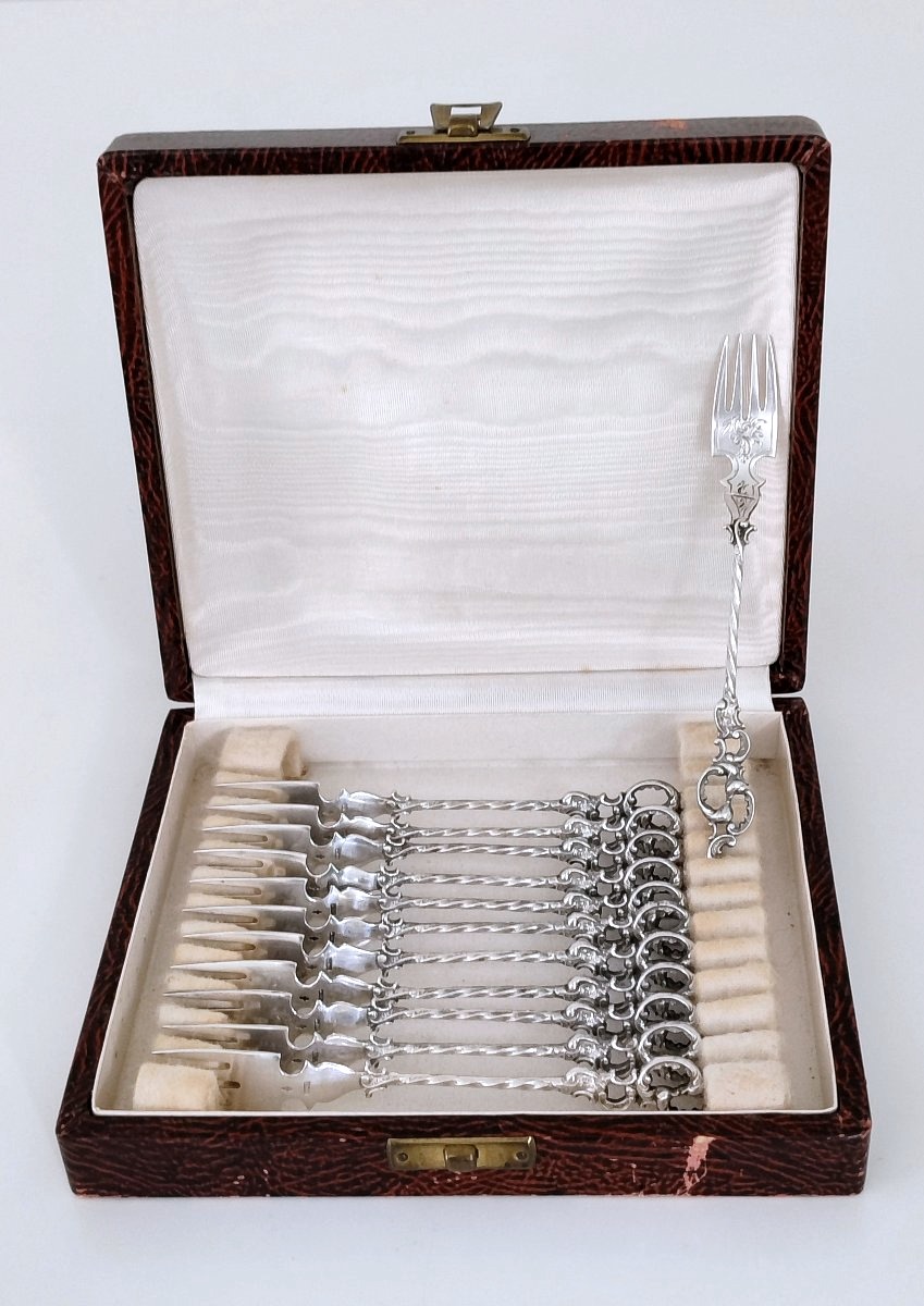 Twelve Solid Silver Cake Forks 