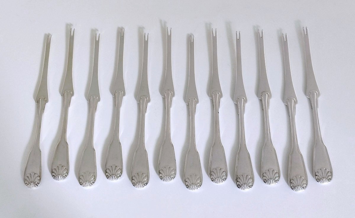 Twelve Solid Silver Lobster Picks, Shell Design -photo-2