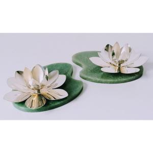 A Pair Of Solid Silver And Jade Candlesticks In The Shape Of Water Lilies