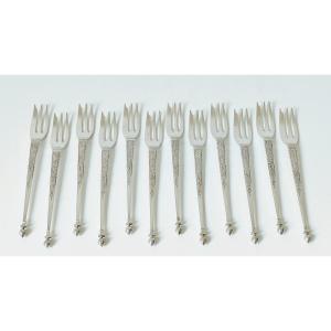 Twelve Solid Silver Cake Forks 